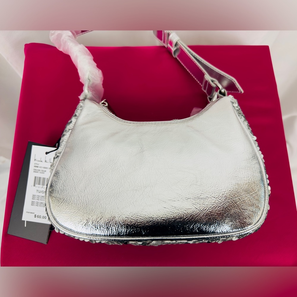 Nicole Miller - Silver Sequin Shoulder Bag Adjustable Silver Thick Strap MSRP$60 - Picture 2 of 12